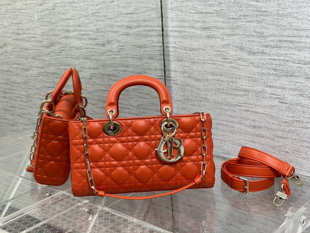 Medium Lady D-Joy Bag Orange Cannage Lambskin